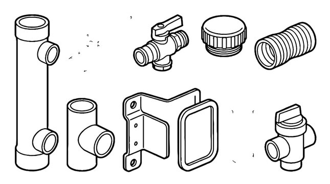 Technical line art illustration of plumbing components and industrial pipe fittings set.