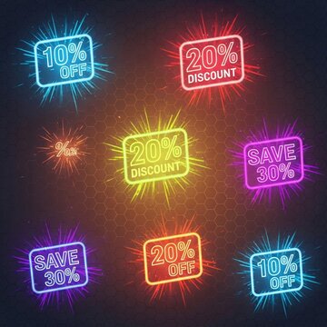 Neon discount signs with percentages and savings offers