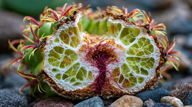 Ferocactus barrel cactus halved on horizontal plane showing internal parenchyma water storage tissue and central vascular strand, succulent anatomy macro for desert plant science botanical illustrat