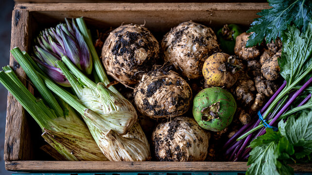 Gnarled celeriac roots, loose cardoons, knobby quince fruits, and muddied sunchokes piled in a weathered wooden market crate, overhead aerial with raking autumn warehouse light emphasizing soil-dust