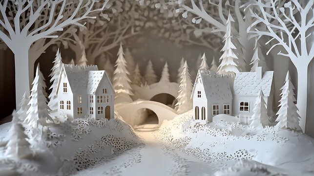 Intricate snowflake pattern covering a miniature house and trees in a winter scene