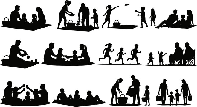 Family picnic park outdoor blanket basket frisbee children run toast walk food serve silhouettes vector set isolated