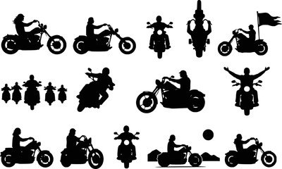 Motorcycle biker rider chopper woman man group flag sunset mountain ride silhouettes vector set isolated © raccoontail