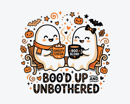 Cute halloween ghost duo with hot cocoa 'boo'd up and unbothered' fall design for seasonal merchandise