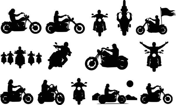 Motorcycle biker rider chopper woman man group flag sunset mountain ride silhouettes vector set isolated