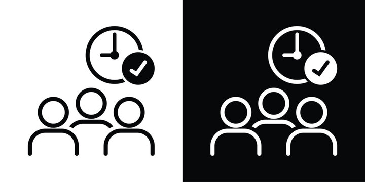 Group of people or team avatar icon with a checkmark clock. Perfect for shifting schedule, team management, and group deadlines.