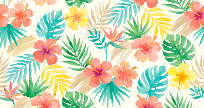 Seamless watercolor tropical pattern with hibiscus flowers and palm leaves