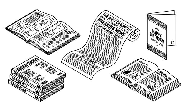 Isometric brochure catalog vector icons thin line print flyer newspaper book templates