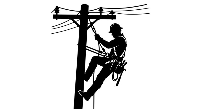 Utility lineworker climbing power pole silhouette