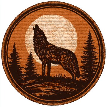A wolf stands on a hilltop howling at a full moon surrounded by pine trees in an illustration style with a vintage look.