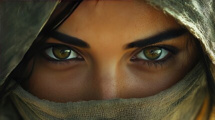 Naklejka premium Most beautiful mysterious woman with face hidden by a veil, captivating eyes visible. Depicts royalty, queen, princess, sorceress