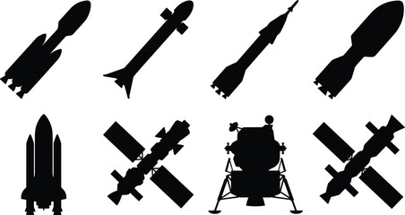 Minimalist black silhouettes of rockets, space shuttle, satellites, and lunar lander © MstRozina