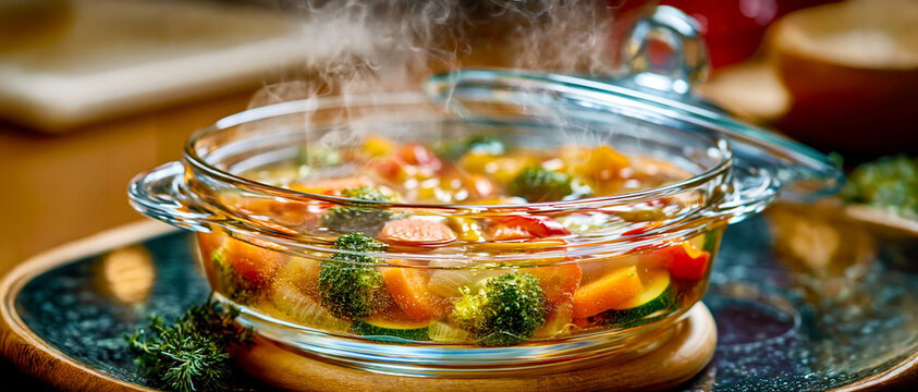 Steaming Vegetable Soup in Glass Casserole Dish. AI generative.