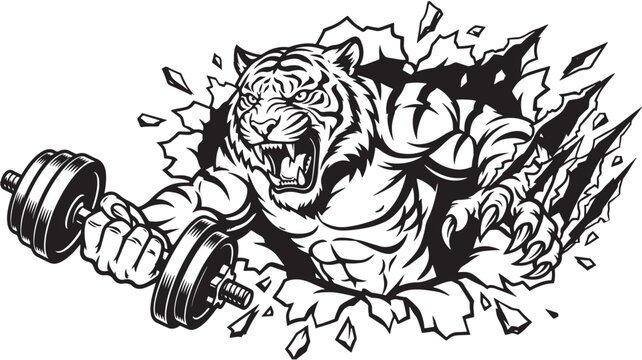 Tiger Lifting Weights with Dumbbell and Roaring Action Comic Style Black and White Vector Illustration