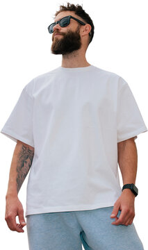 Blank white t shirt mockup on bearded man isolated on transparent background