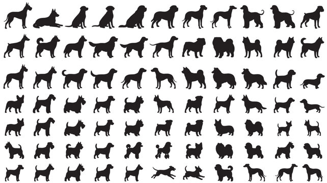 Dog Silhouettes Icon Set with Various Breeds Shown in a Clean Black Vector Pattern for Design Projects