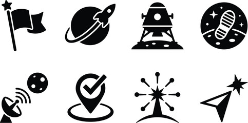 Minimalist black silhouettes of space exploration and communication icons including rocket, lunar lander, satellite dish, footprint, and mission symbols © MstRozina