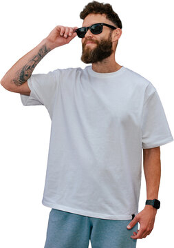 Blank white t shirt mockup on bearded man isolated on transparent background