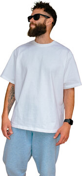 Blank white t shirt mockup on bearded man isolated on transparent background