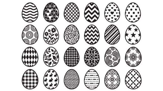 Easter Egg Patterns Icon Set with Black and White Doodle Designs Including Stripes, Chevrons, Dots, and Florals