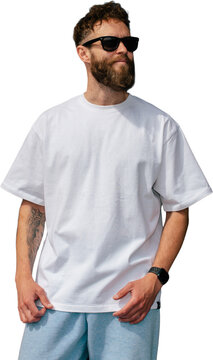 Blank white t shirt mockup on bearded man isolated on transparent background