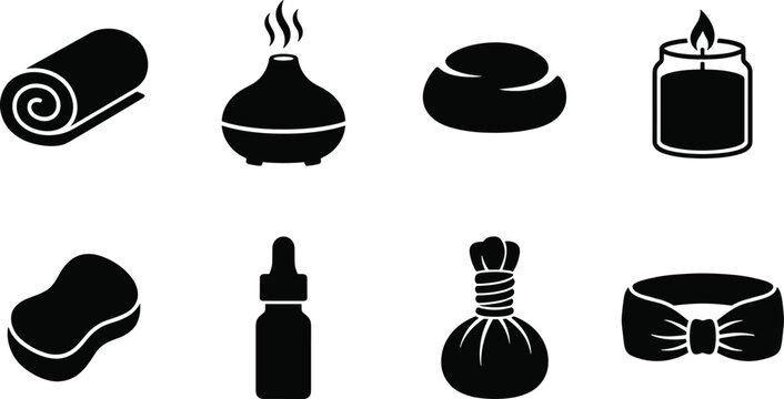 Minimalist black silhouettes of spa and wellness icons including towel, diffuser, massage stones, candle, sponge, dropper bottle, herbal compress, and headband