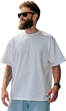 Blank white t shirt mockup on bearded man isolated on transparent background