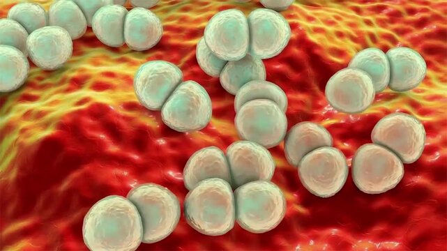Streptococcus pneumoniae, 3D animation showing Gram-positive encapsulated diplococci, the causative agent of pneumococcal pneumonia, meningitis and septicaemia in humans.