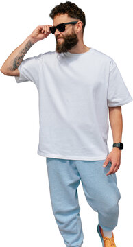 Blank white t shirt mockup on bearded man isolated on transparent background