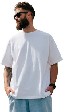 Blank white t shirt mockup on bearded man isolated on transparent background