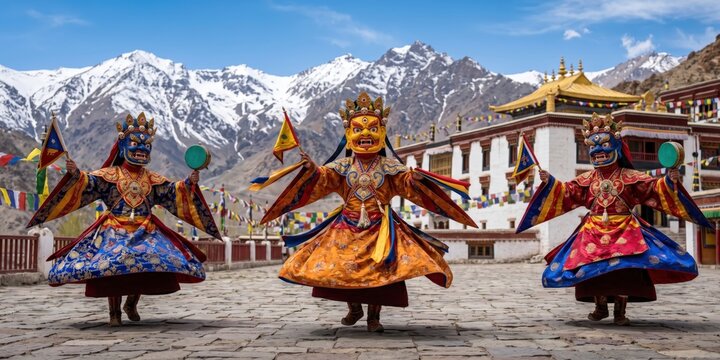 Hemis Festival Cham Dance with Himalayan Mountains