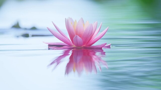 Pink lotus flower or waterlily reflected on the water surface of a pond

