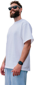 Blank white t shirt mockup on bearded man isolated on transparent background