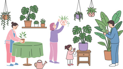 Happy family caring for houseplants watering potting spraying and taking care of indoor green domestic garden plants © MSTSABINA