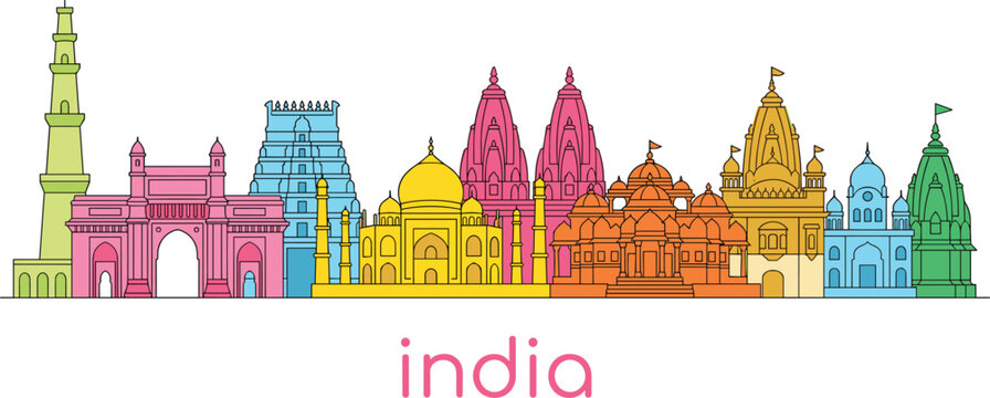 India skyline vector illustration with famous historic landmarks architectural monuments and tourism travel attractions outline design