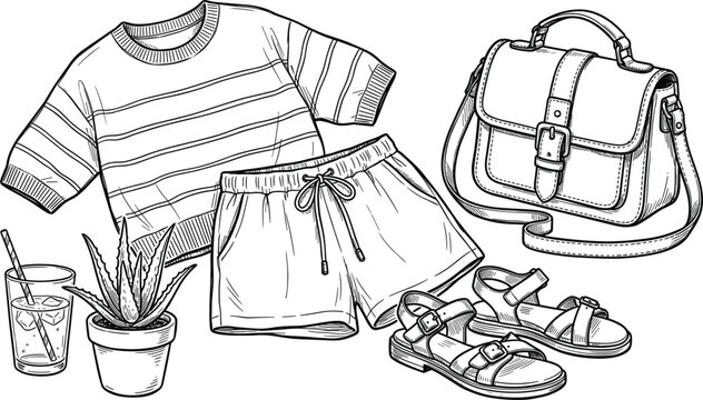 Summer outfit sketch set with striped shirt drawstring shorts leather handbag strappy sandals iced drink and succulent