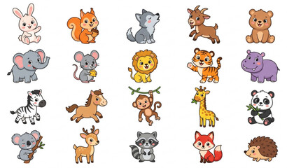 Fototapeta premium Cute Baby Wildlife Animals Flat Vector Set with Big Eye Cartoon Characters for Kids and Nursery
