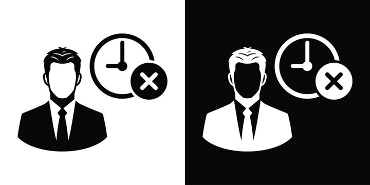 Businessman avatar icon with a clock and a cross cancel mark. Concept for missed deadlines, rejected schedules, or cancelled business meetings.