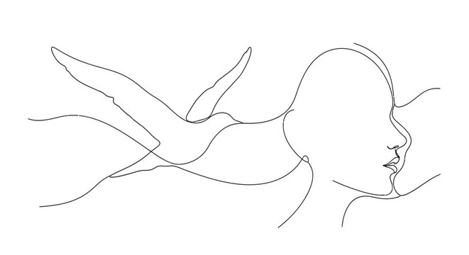 Continuous line art drawing of a minimalist female face profile with a flying bird, symbolizing freedom, thought, and imagination