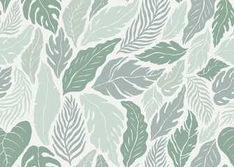 Fototapeta premium Abstract subtle jungle leaves seamless pattern. Vector illustration flat design background. 