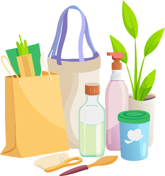 Eco friendly lifestyle collection with sustainable household items and reusable shopping bags on white