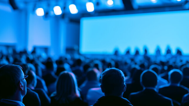 Corporate Conference Audience with Blue Stage and Copy Space
