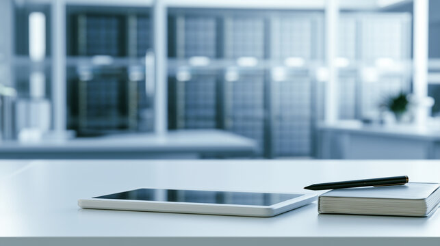 Cloud Infrastructure Workspace with Server Room Background and Copy Space