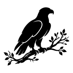 Fototapeta premium Eagle perched on tree branch black monochrome vector, on white background, black and white.