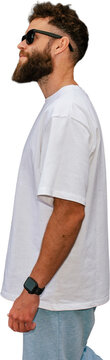 Blank white t shirt mockup on bearded man isolated on transparent background