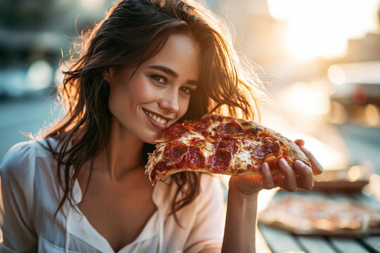 Young Woman Eating Pizza Slice Outdoors AI Generative &ndash; no real persons
