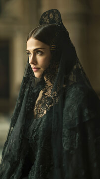 Elegant Woman in Traditional Black Mantilla Portrait. AI generative.