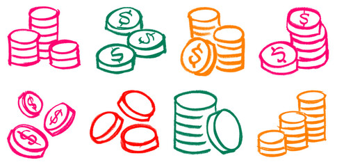 Coin Icons Crayon Chalk Drawing Doodle Vector Set © Grunge Designs