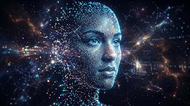 Digital human face composed of glowing particles and cosmic background  