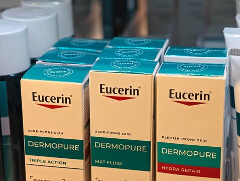 Eskilstuna, Sweden-Nov.27th 2025: Eucerin Dermopure skincare product cardboard boxes on display.